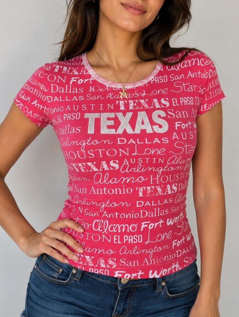 SWEET GISELE Hot Pink Bedazzled Texas Cities V-neck Top